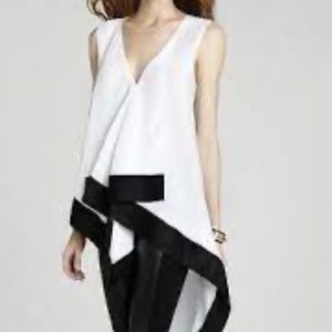 BCBG MaxAzria Asymmetric Silk Top White Black Sleeveless V-Neck Size S